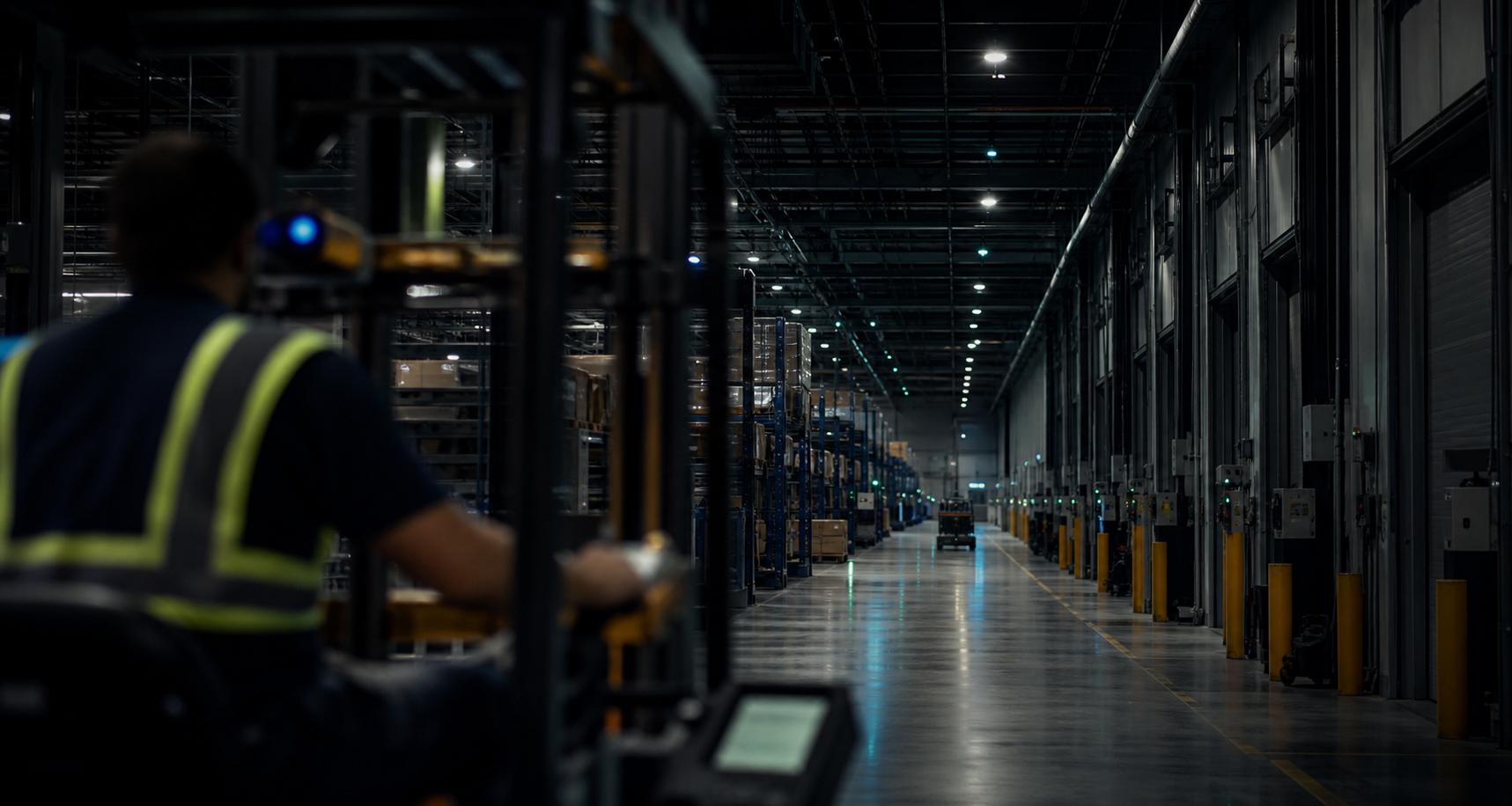 Industrial Warehouse at Dusk with Subtle BlueGreen Lighting